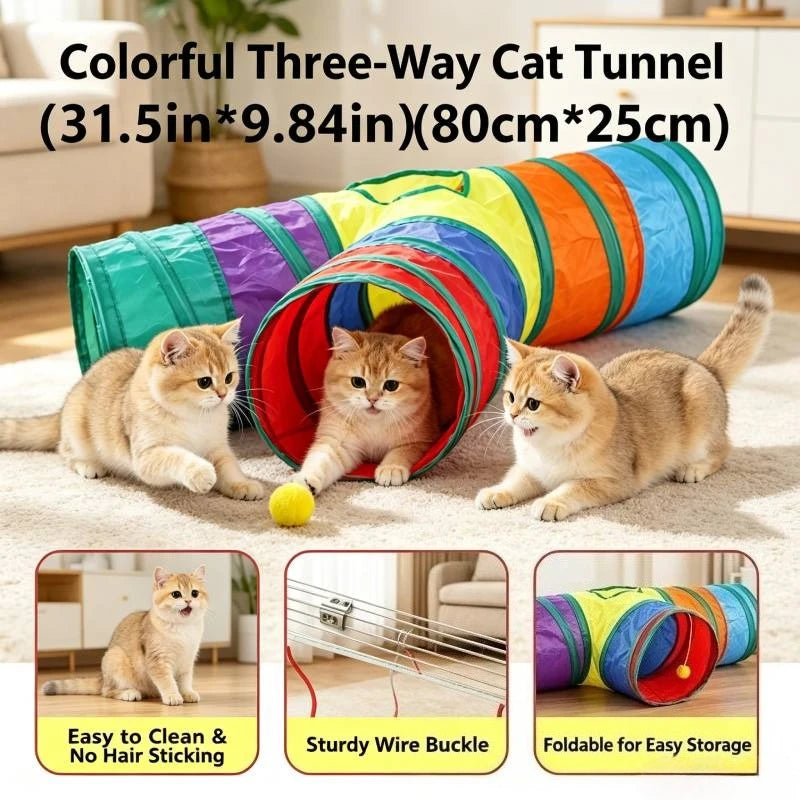 Cat Toy Set, Foldable Rainbow Tunnel, Feather Wand, Plush Mouse & Crinkle Ball, Indoor Interactive Toy Combo for Kittens