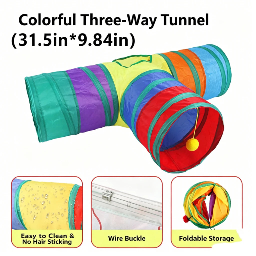 Cat Toy Set, Foldable Rainbow Tunnel, Feather Wand, Plush Mouse & Crinkle Ball, Indoor Interactive Toy Combo for Kittens